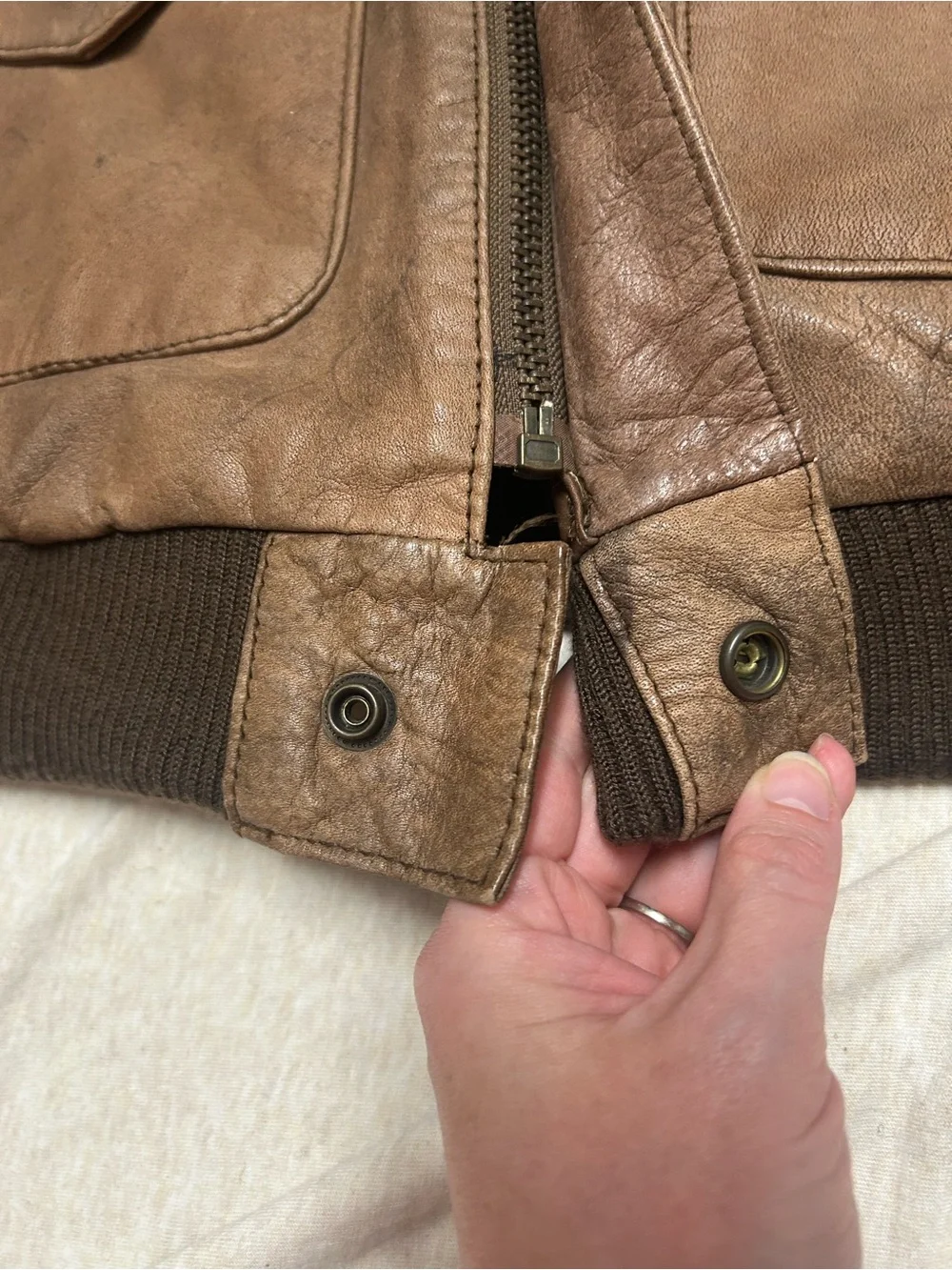 Vintage Leather Bomber Jacket Double Zip New Zealand Opossum Lined Aviator
